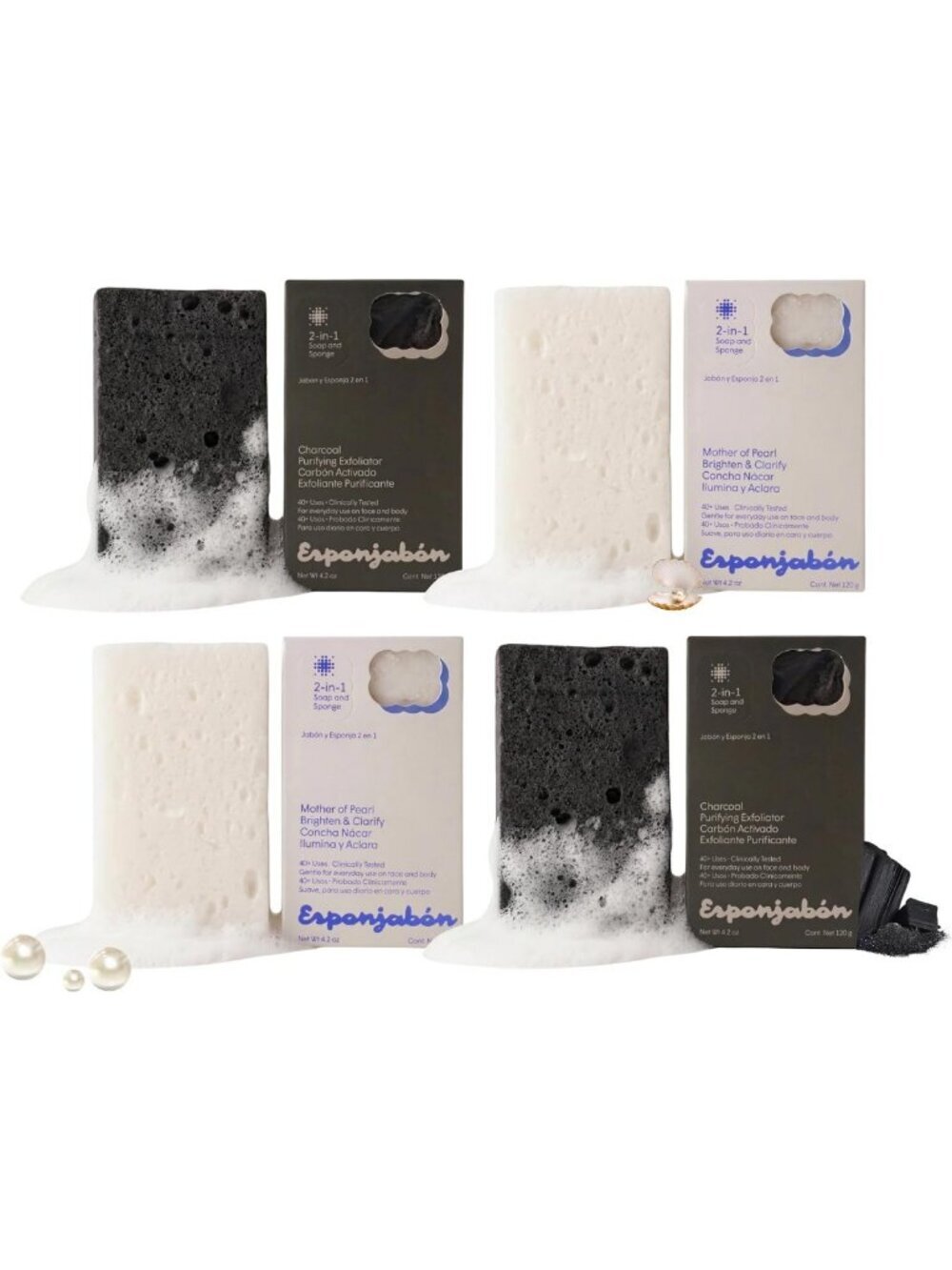 Mother of Pearl & Charcoal Soap Sponges - Exfoliating Shower Scrubbers (4-Pack)